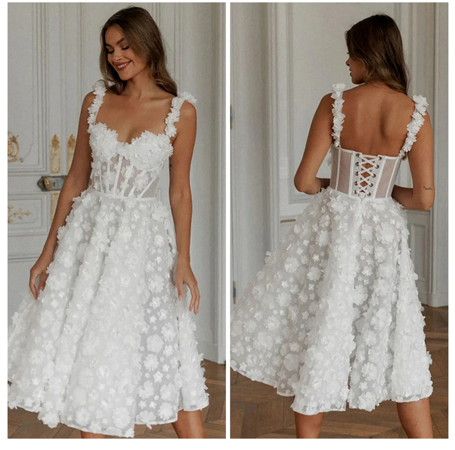 White 3D Floral Corset Dress