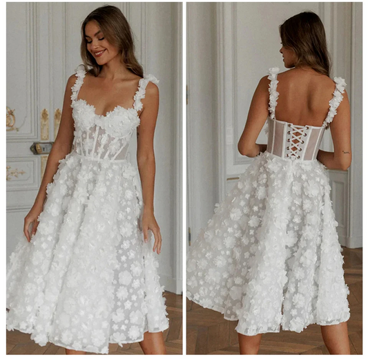 White 3D Floral Corset Dress