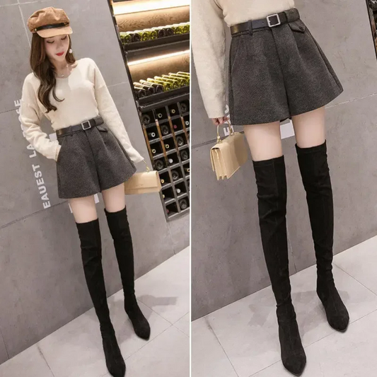 Grey Textured Belted Shorts