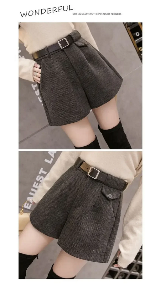 Grey Textured Belted Shorts