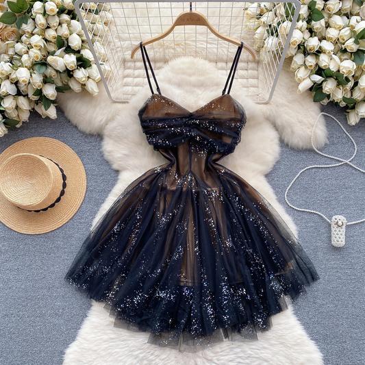 Black Glitter Tulle Cutout Dress