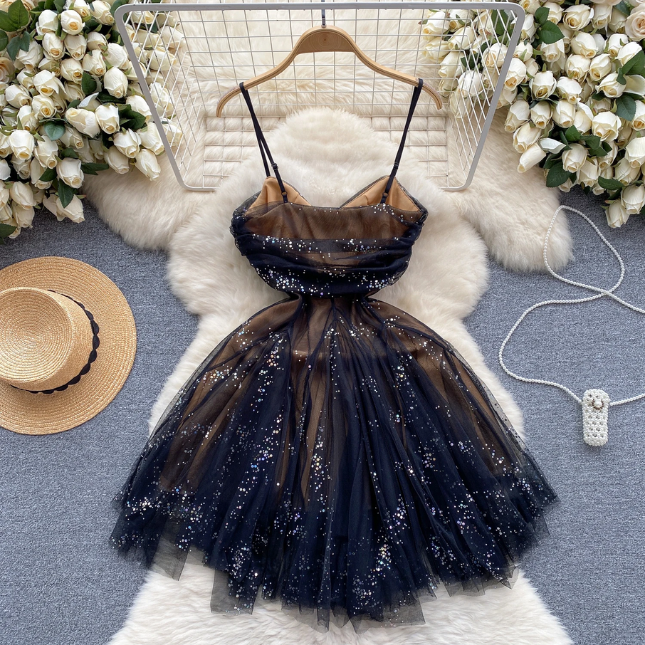 Black Glitter Tulle Cutout Dress