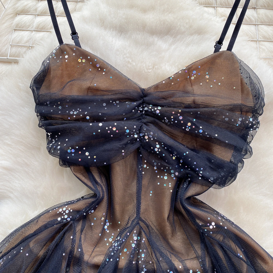 Black Glitter Tulle Cutout Dress