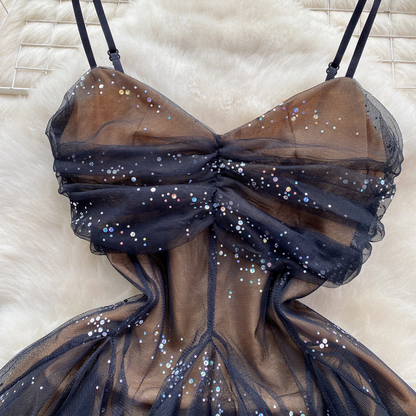 Black Glitter Tulle Cutout Dress