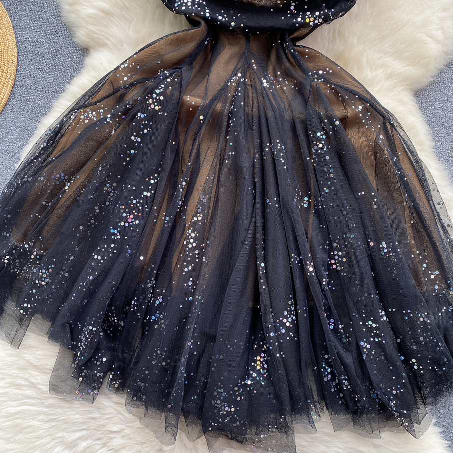 Black Glitter Tulle Cutout Dress