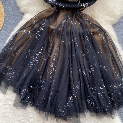 Black Glitter Tulle Cutout Dress