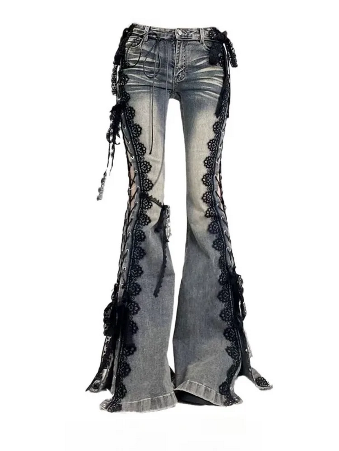 Black Lace Trim Flare Jeans