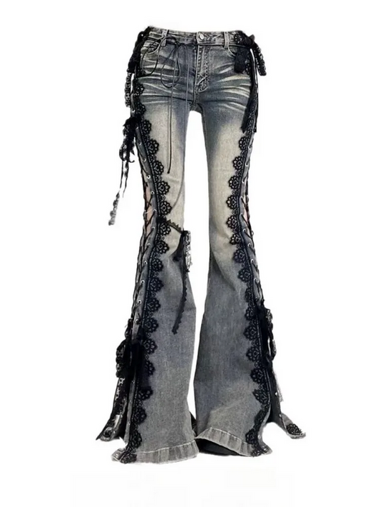 Black Lace Trim Flare Jeans