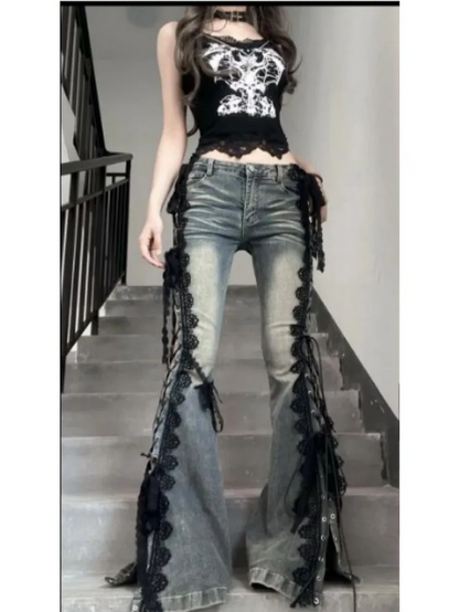 Black Lace Trim Flare Jeans