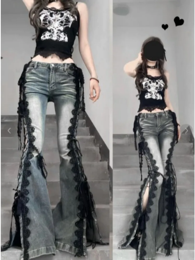 Black Lace Trim Flare Jeans