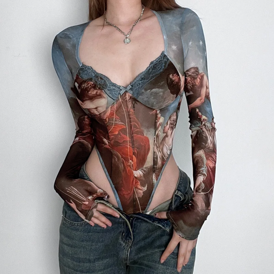 Artistic Renaissance Print Sheer Mesh Top Bodysuit