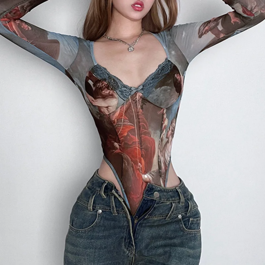 Artistic Renaissance Print Sheer Mesh Top Bodysuit