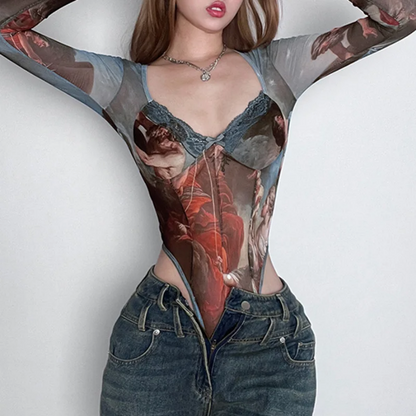 Artistic Renaissance Print Sheer Mesh Top Bodysuit