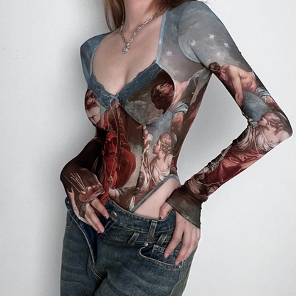 Artistic Renaissance Print Sheer Mesh Top Bodysuit