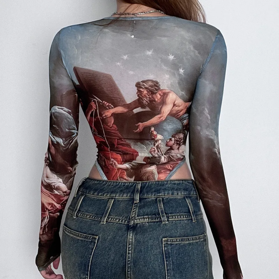 Artistic Renaissance Print Sheer Mesh Top Bodysuit