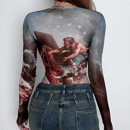 Artistic Renaissance Print Sheer Mesh Top Bodysuit