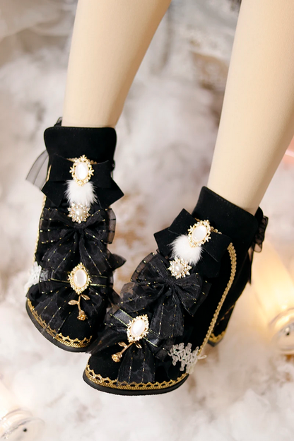 Victorian Pearl & Bow Embellished Ankle Boots