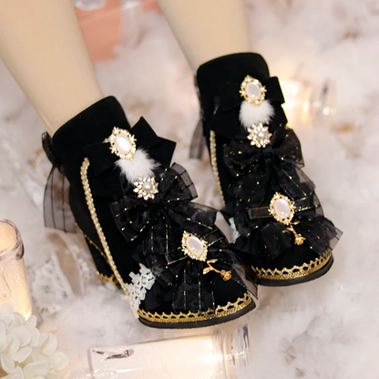 Victorian Pearl & Bow Embellished Ankle Boots