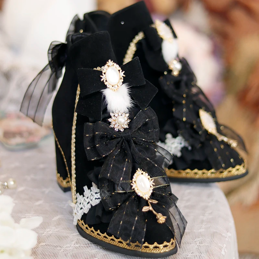 Victorian Pearl & Bow Embellished Ankle Boots