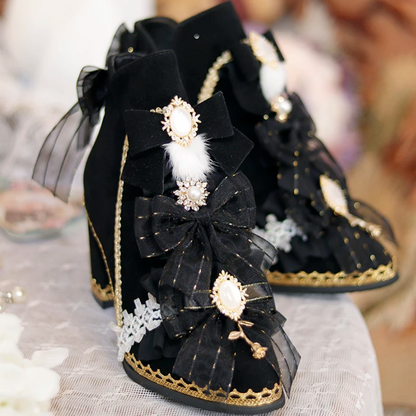 Victorian Pearl & Bow Embellished Ankle Boots