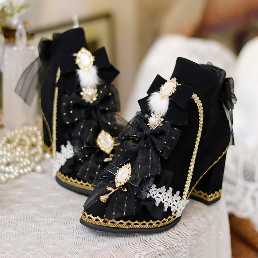 Victorian Pearl & Bow Embellished Ankle Boots