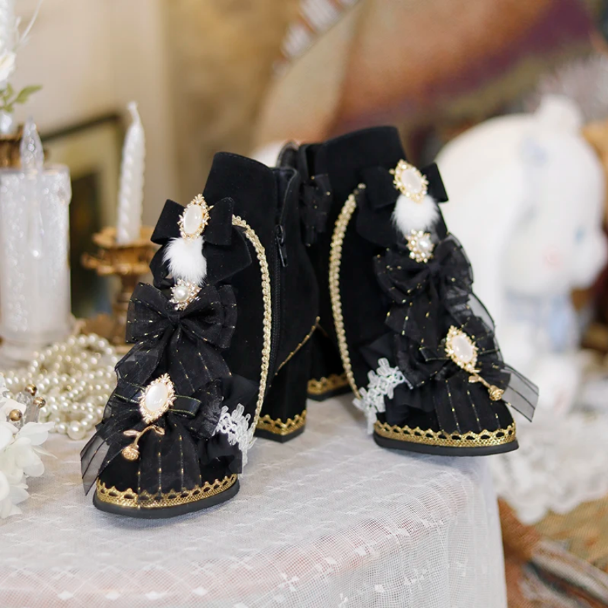 Victorian Pearl & Bow Embellished Ankle Boots