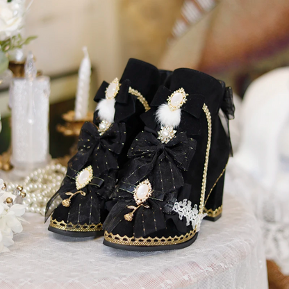 Victorian Pearl & Bow Embellished Ankle Boots