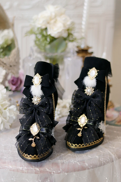 Victorian Pearl & Bow Embellished Ankle Boots
