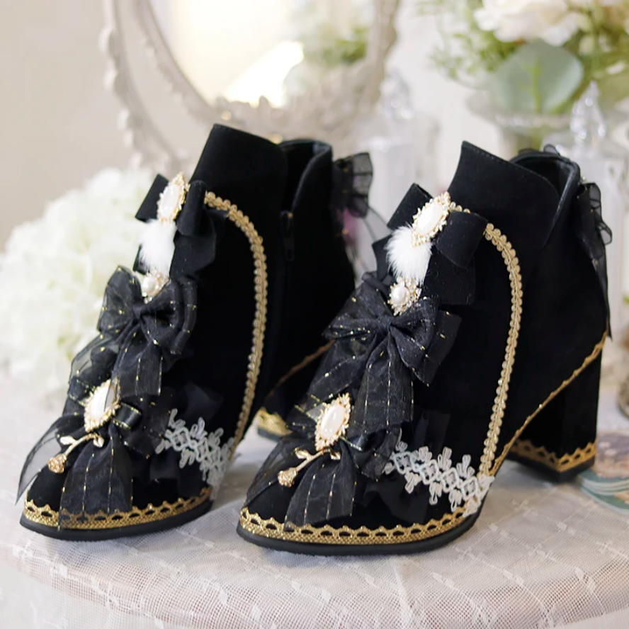 Victorian Pearl & Bow Embellished Ankle Boots