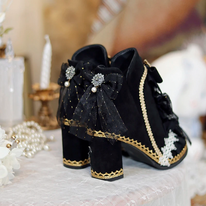 Victorian Pearl & Bow Embellished Ankle Boots