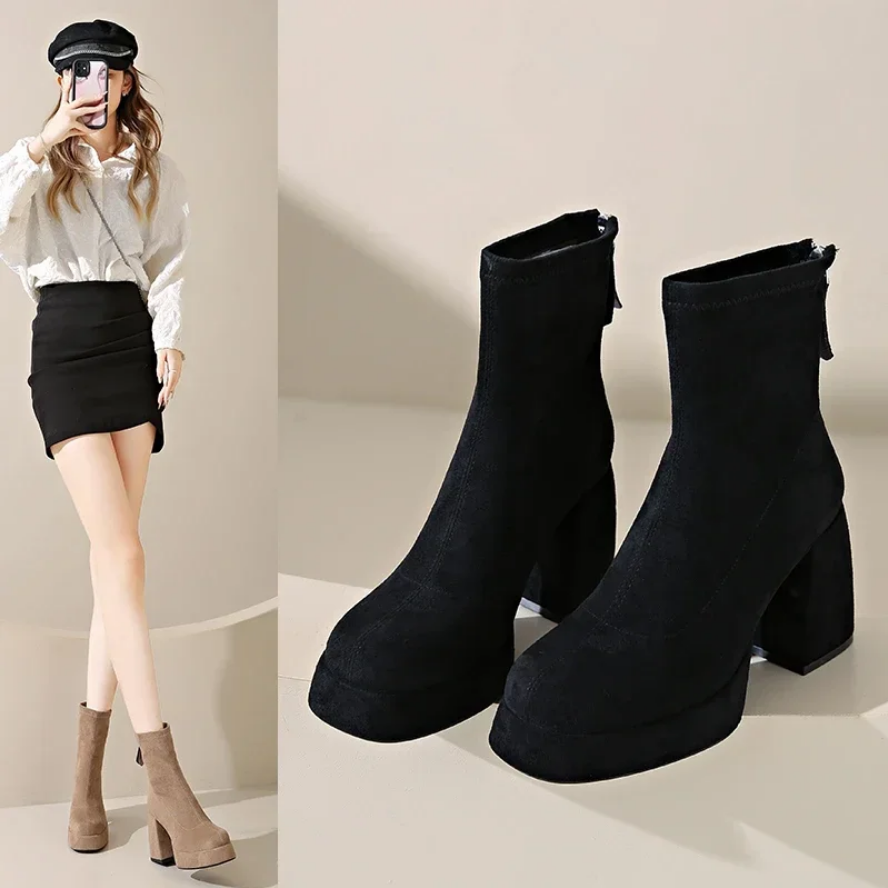 Sleek Block Heel Suede Ankle Boots