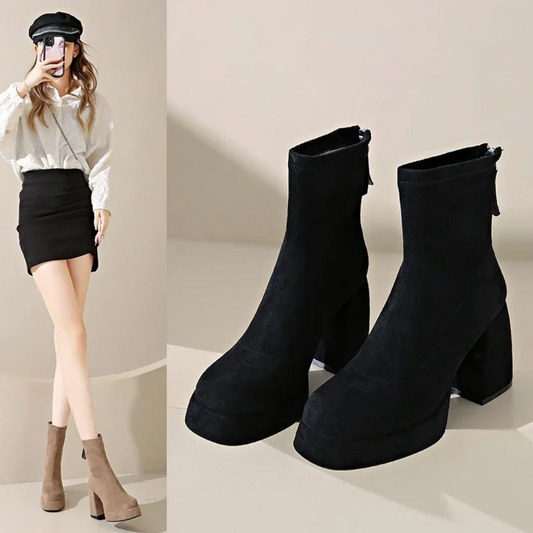 Sleek Block Heel Suede Ankle Boots