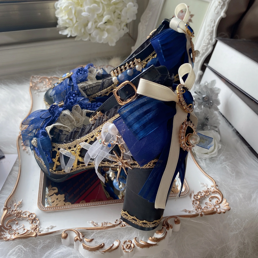 Lolita Royal Blue Baroque Pearl & Lace Heels