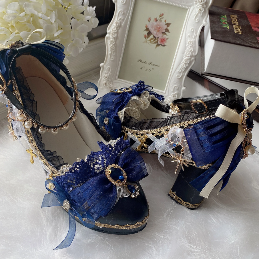 Lolita Royal Blue Baroque Pearl & Lace Heels