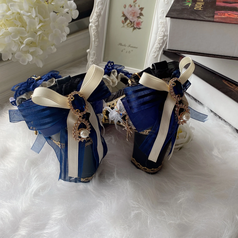 Lolita Royal Blue Baroque Pearl & Lace Heels