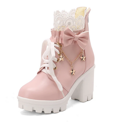 Sweet Lolita Pink Platform Boots with Lace & Bow