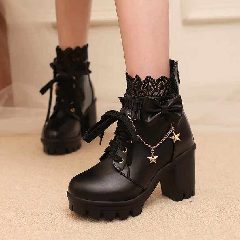 Sweet Lolita Pink Platform Boots with Lace & Bow