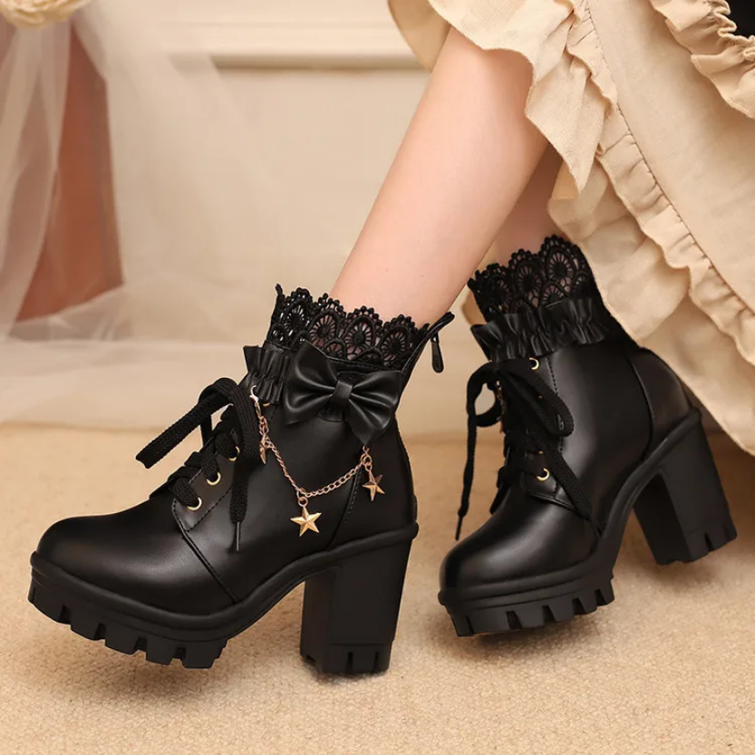 Sweet Lolita Pink Platform Boots with Lace & Bow