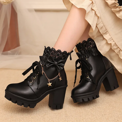 Sweet Lolita Pink Platform Boots with Lace & Bow