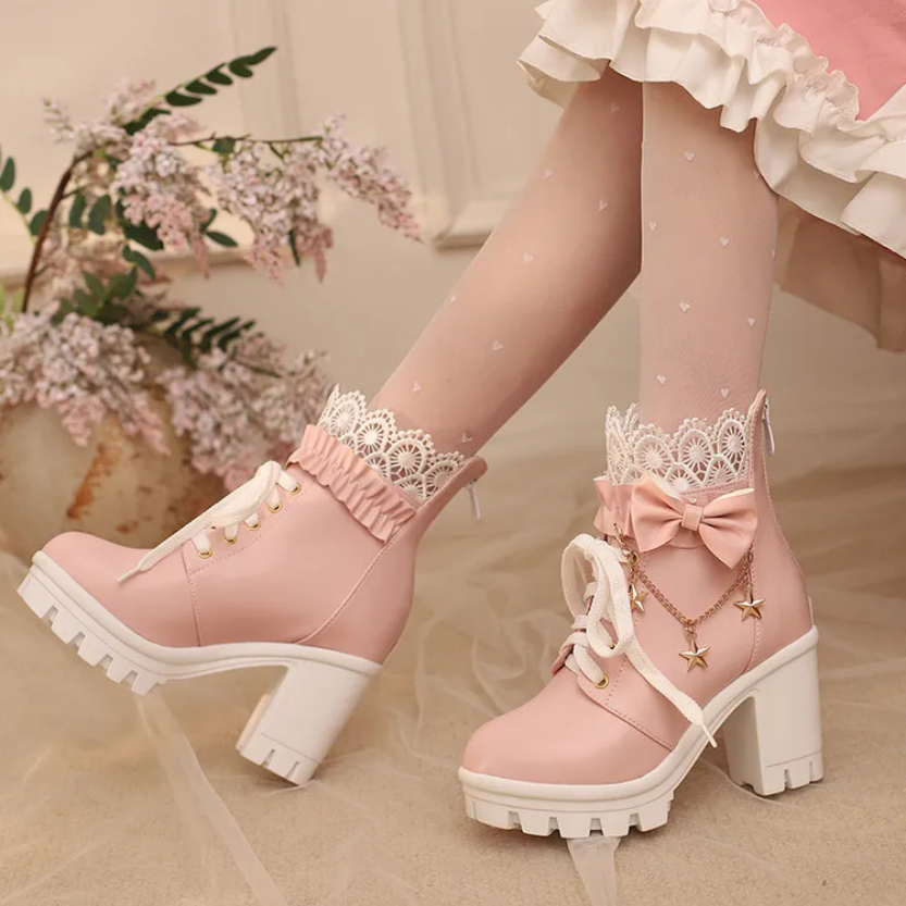 Sweet Lolita Pink Platform Boots with Lace & Bow