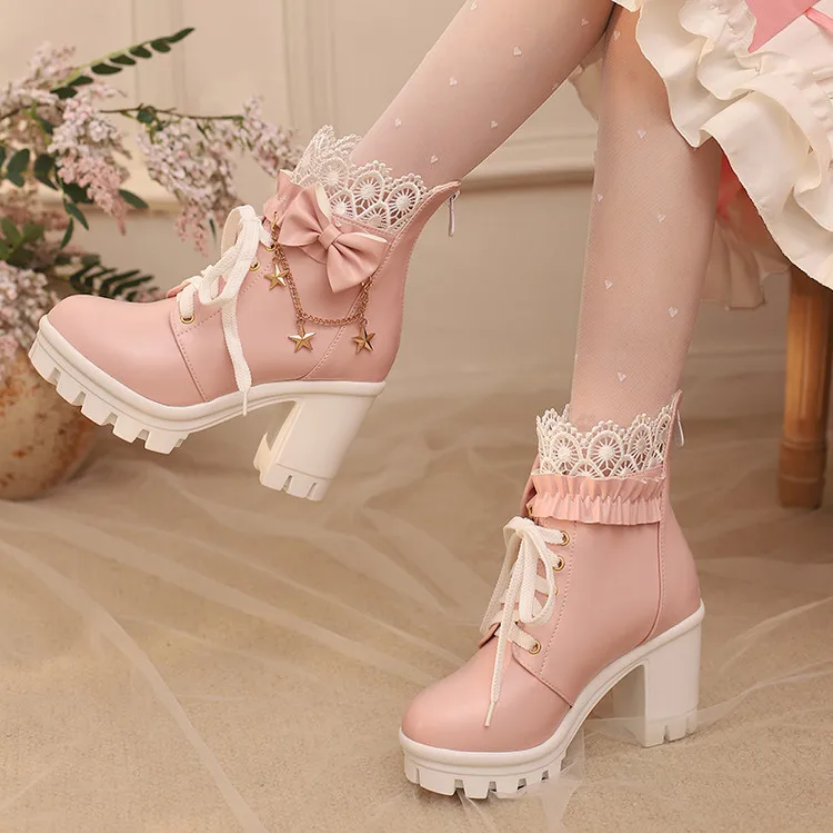 Sweet Lolita Pink Platform Boots with Lace & Bow