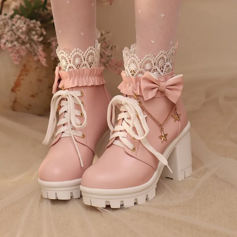 Sweet Lolita Pink Platform Boots with Lace & Bow