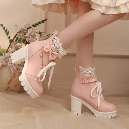 Sweet Lolita Pink Platform Boots with Lace & Bow