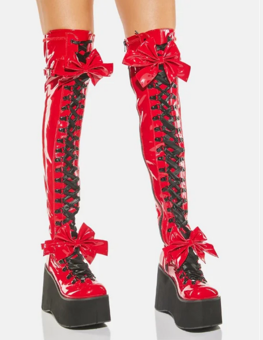 Red Patent Thigh-High Platform Boots