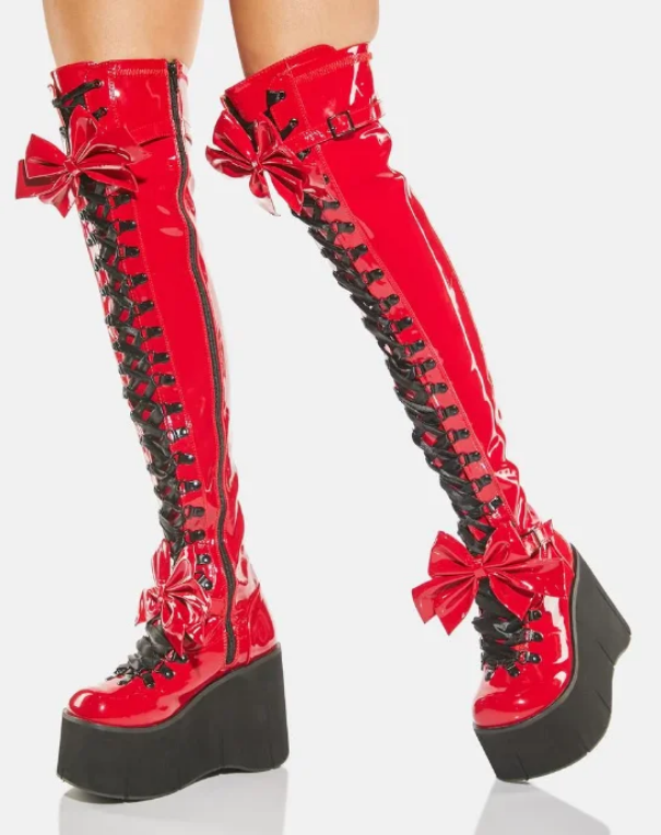 Red Patent Thigh-High Platform Boots