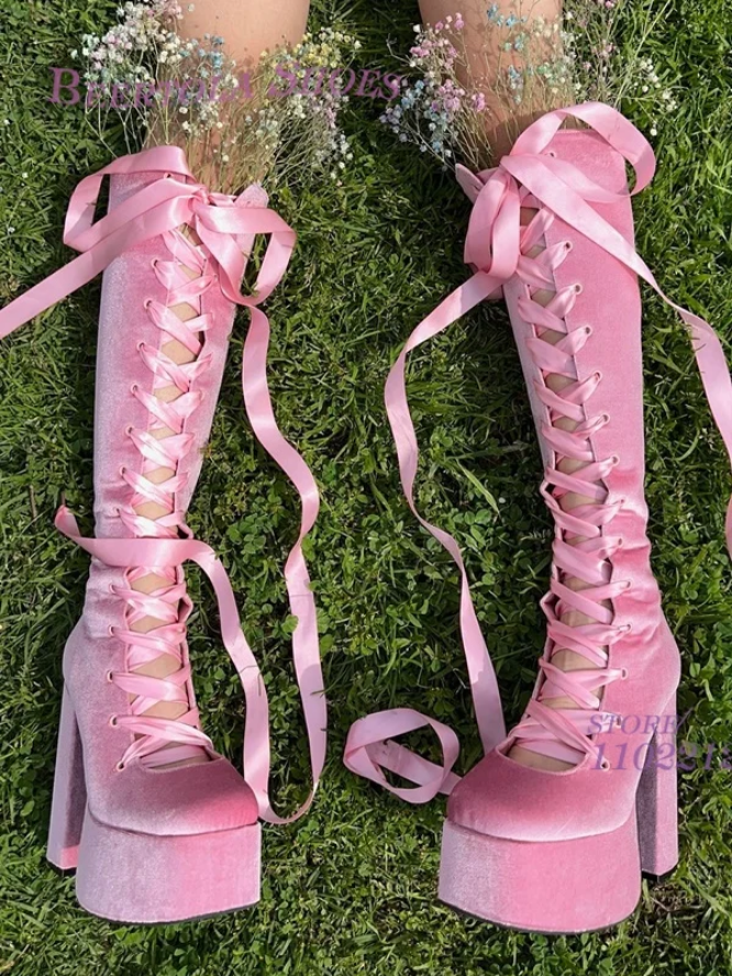 Fairytale Pink Velvet Ribbon Platform Boots