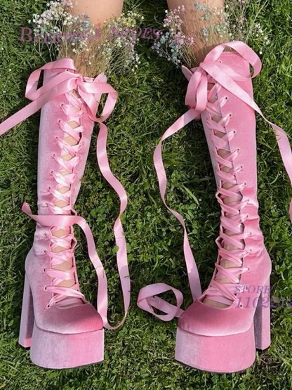Fairytale Pink Velvet Ribbon Platform Boots