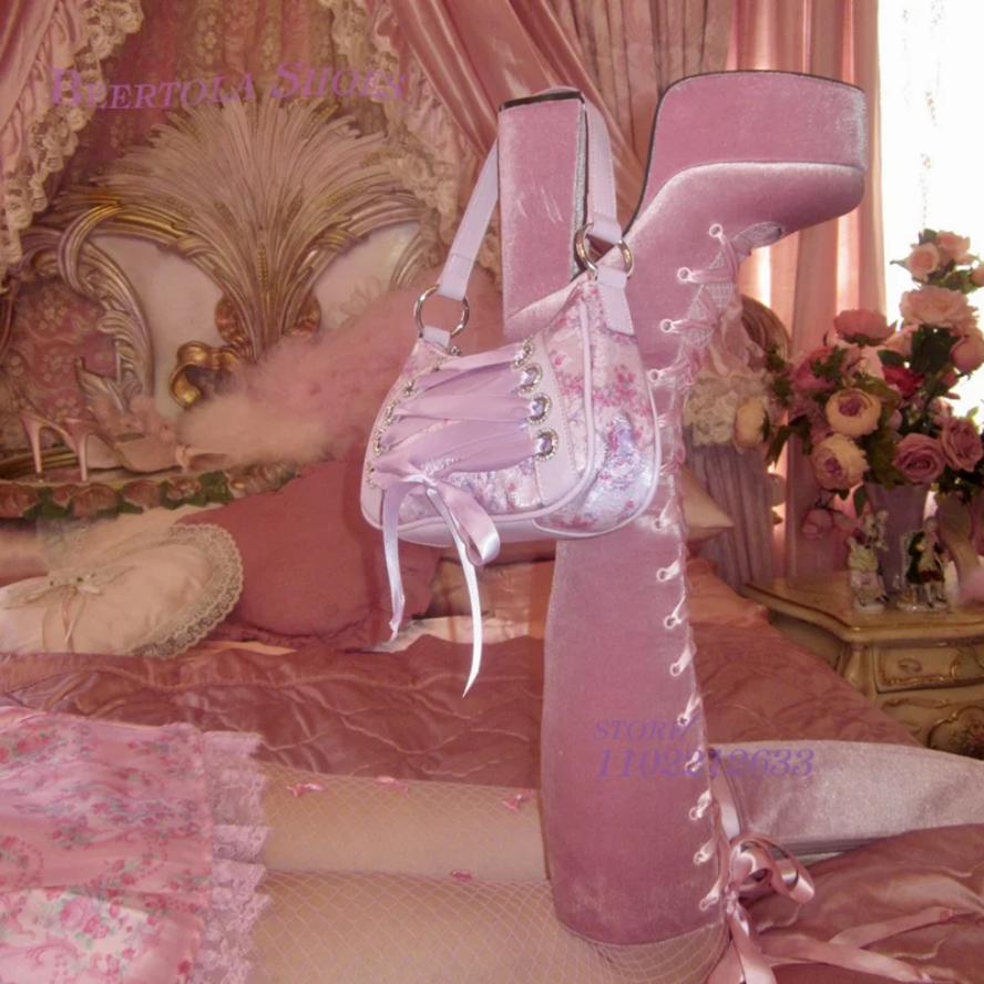 Fairytale Pink Velvet Ribbon Platform Boots