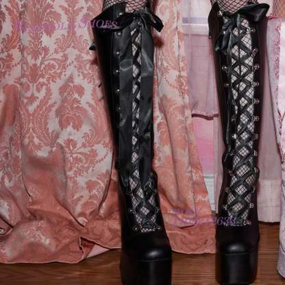 Fairytale Pink Velvet Ribbon Platform Boots