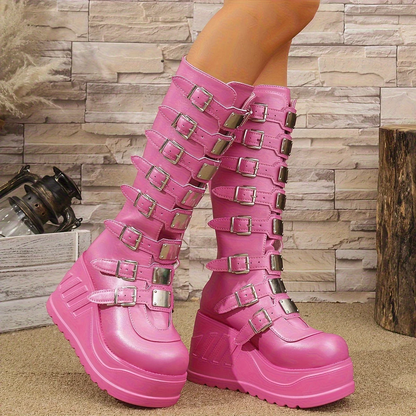 Cyber Pink Multi-Buckle Platform Boots